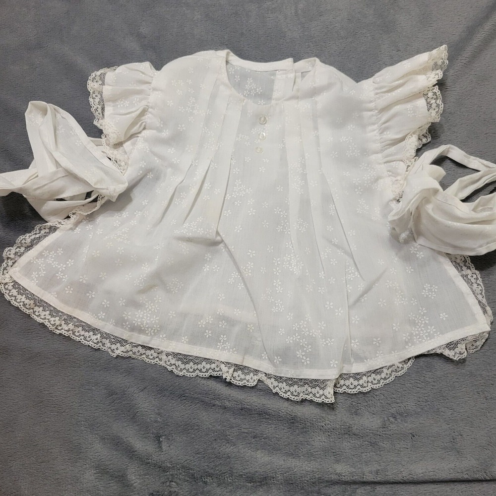 Vtg Dress Cover Girls 3-6 Months One-Piece White Buttons Bow Lace Handmade Bib